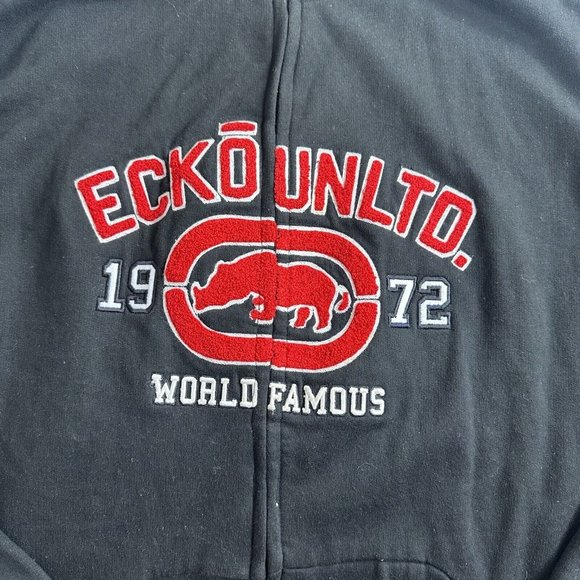 Vintage Ecko UNLTD Hoodie Mens XXL 2XL Black Red Spell Out Logo Full Zip Y2K - Picture 2 of 9